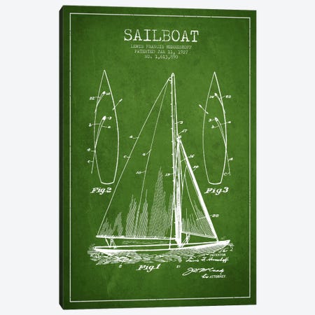 Sailboat Green Patent Blueprint Canvas Print #ADP2631} by Aged Pixel Art Print