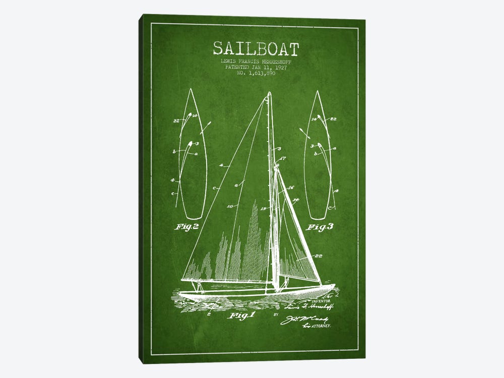 Sailboat Green Patent Blueprint by Aged Pixel 1-piece Canvas Wall Art