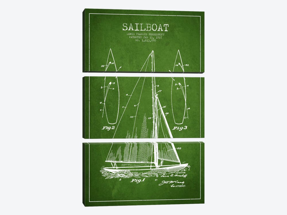Sailboat Green Patent Blueprint by Aged Pixel 3-piece Canvas Art
