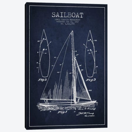 Sailboat Navy Blue Patent Blueprint Canvas Print #ADP2632} by Aged Pixel Art Print
