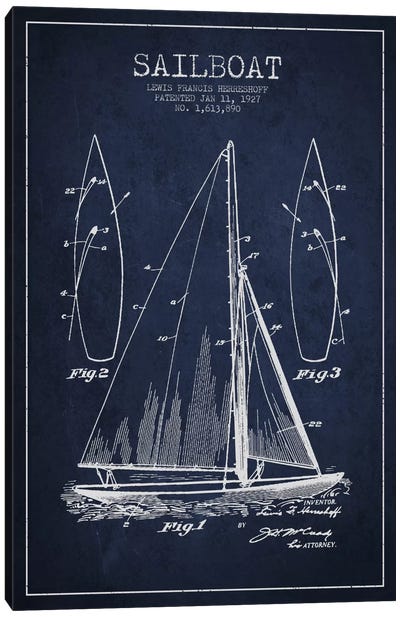 Sailboat Navy Blue Patent Blueprint Canvas Art Print - Aged Pixel: Nautical