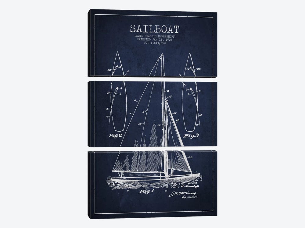 Sailboat Navy Blue Patent Blueprint by Aged Pixel 3-piece Canvas Art Print