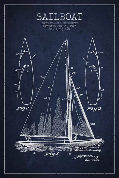 Nautical Blueprints: Sailboat III Navy Blue Patent Blueprint by Aged Pixel