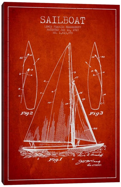 Sailboat Red Patent Blueprint Canvas Art Print - Aged Pixel: Nautical