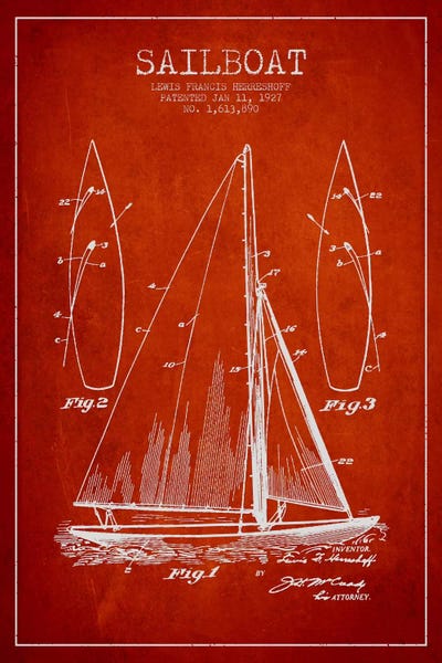 Nautical Blueprints: Sailboat Red Patent Blueprint by Aged Pixel
