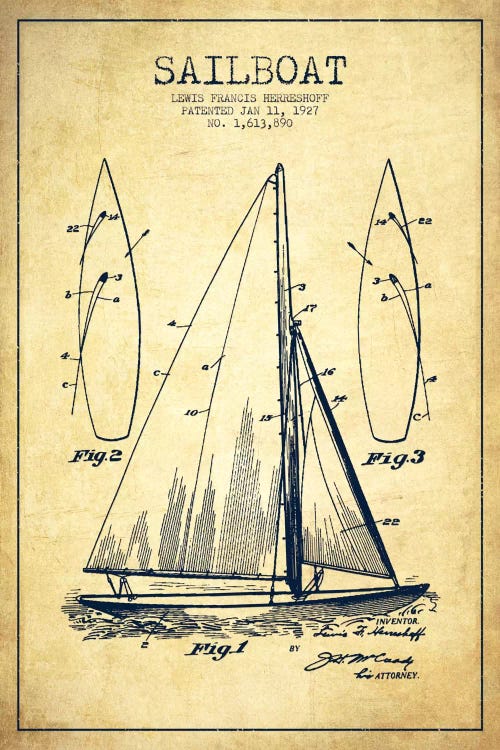 Sailboat Vintage Patent Blueprint by Aged Pixel wall art