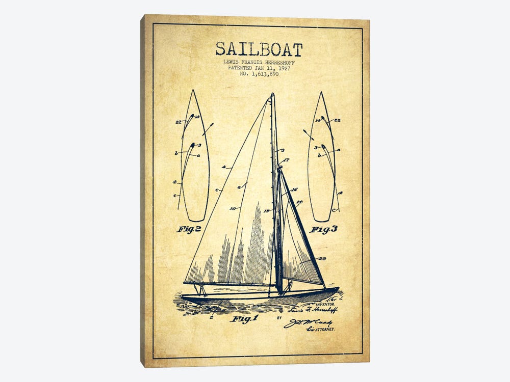 Sailboat Vintage Patent Blueprint by Aged Pixel 1-piece Canvas Art Print