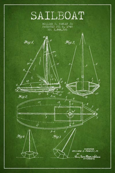 Sailboat Green Patent Blueprint by Aged Pixel canvas print
