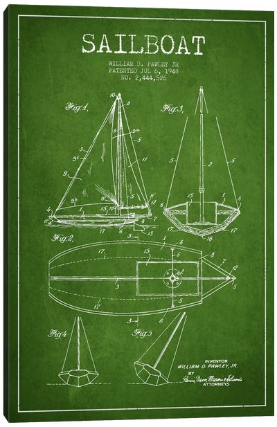 Sailboat Green Patent Blueprint Canvas Art Print