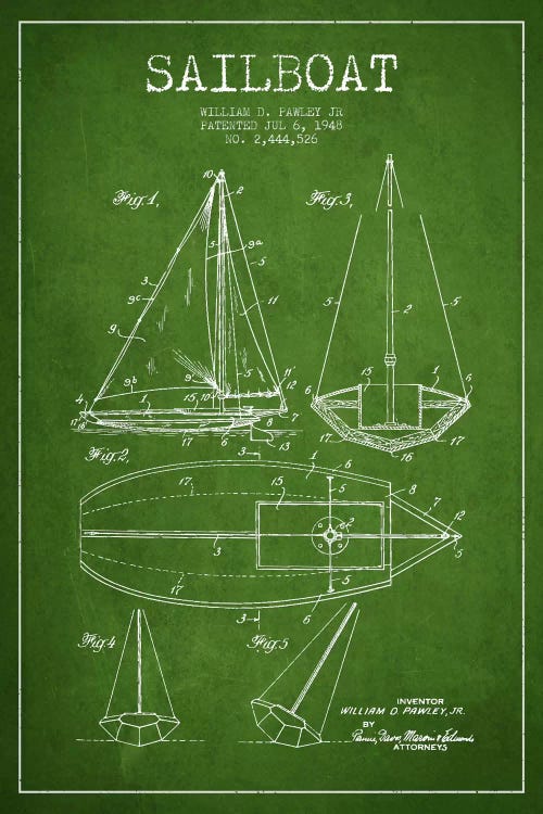 Sailboat Green Patent Blueprint by Aged Pixel wall art