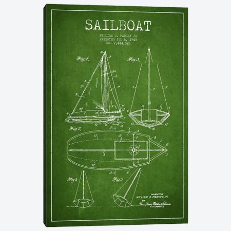 Sailboat Green Patent Blueprint Canvas Print #ADP2636} by Aged Pixel Canvas Art