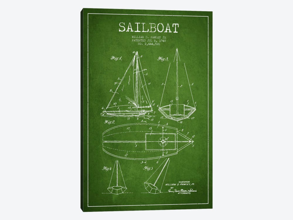 Sailboat Green Patent Blueprint by Aged Pixel 1-piece Art Print