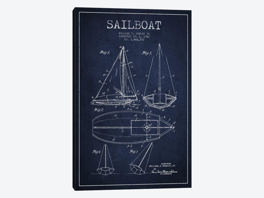 Sailboat Navy Blue Patent Blueprint by Aged Pixel 1-piece Canvas Wall Art