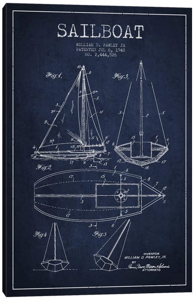 Sailboat Navy Blue Patent Blueprint Canvas Art Print - Aged Pixel: Nautical