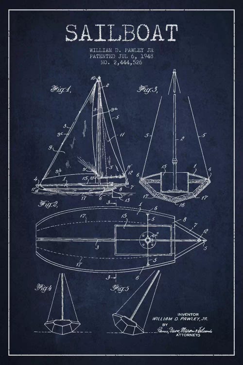 Sailboat Navy Blue Patent Blueprint by Aged Pixel wall art