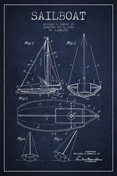 Nautical Blueprints: Sailboat IV Navy Blue Patent Blueprint by Aged Pixel