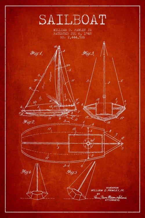 Sailboat Red Patent Blueprint by Aged Pixel wall art