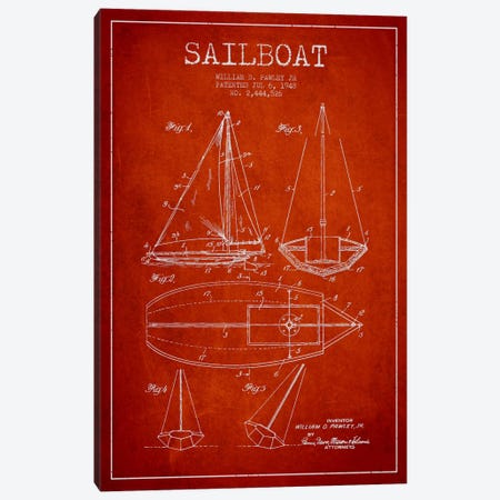 Sailboat Red Patent Blueprint Canvas Print #ADP2638} by Aged Pixel Art Print