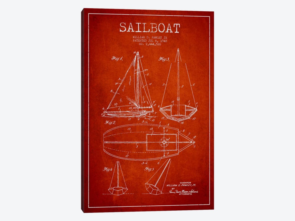 Sailboat Red Patent Blueprint by Aged Pixel 1-piece Canvas Art Print