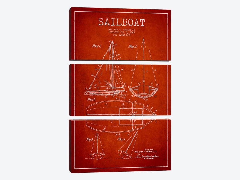 Sailboat Red Patent Blueprint by Aged Pixel 3-piece Canvas Print