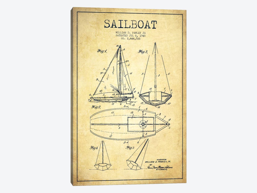 Sailboat Vintage Patent Blueprint by Aged Pixel 1-piece Canvas Artwork