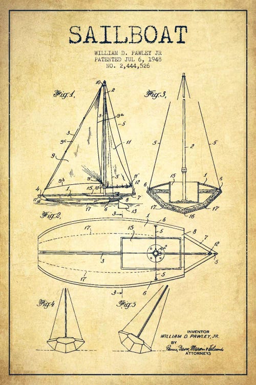 Sailboat Vintage Patent Blueprint by Aged Pixel wall art