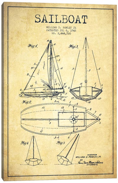 Sailboat Vintage Patent Blueprint Canvas Art Print - Aged Pixel: Nautical