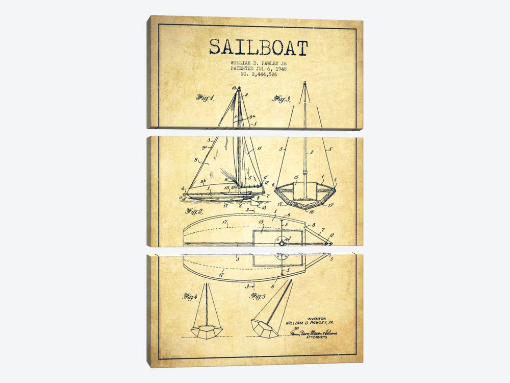 Sailboat Vintage Patent Blueprint by Aged Pixel 3-piece Canvas Artwork
