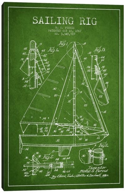Sailboat Green Patent Blueprint Canvas Art Print - Sailboat Art