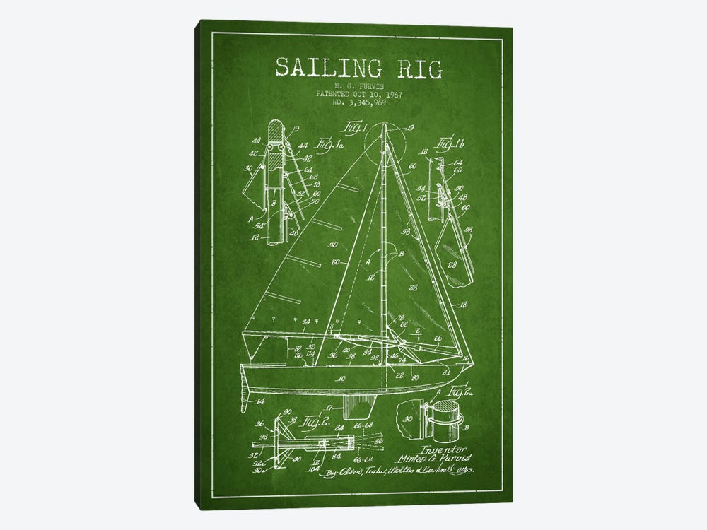 Sailboat Green Patent Blueprint by Aged Pixel 1-piece Canvas Art Print