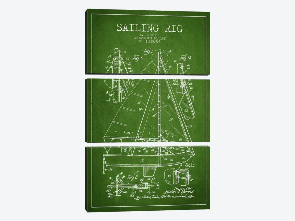 Sailboat Green Patent Blueprint by Aged Pixel 3-piece Canvas Print