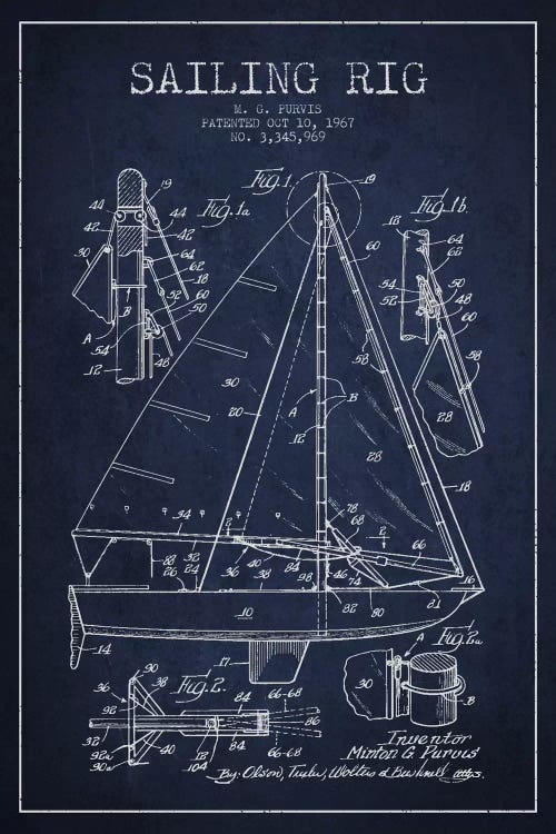 Sailboat Navy Blue Patent Blueprint by Aged Pixel wall art