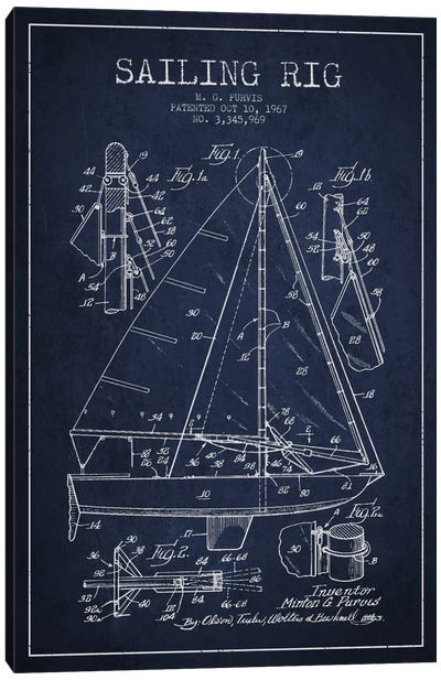 Sailboat Navy Blue Patent Blueprint Canvas Art Print - By Water