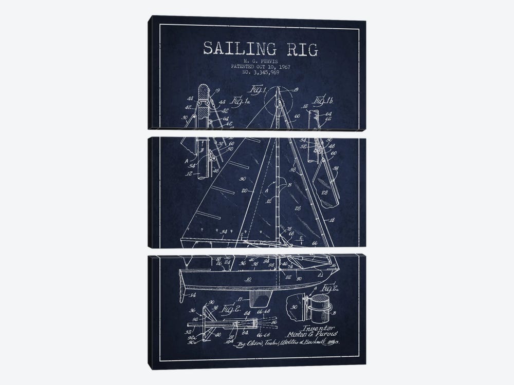 Sailboat Navy Blue Patent Blueprint by Aged Pixel 3-piece Canvas Art