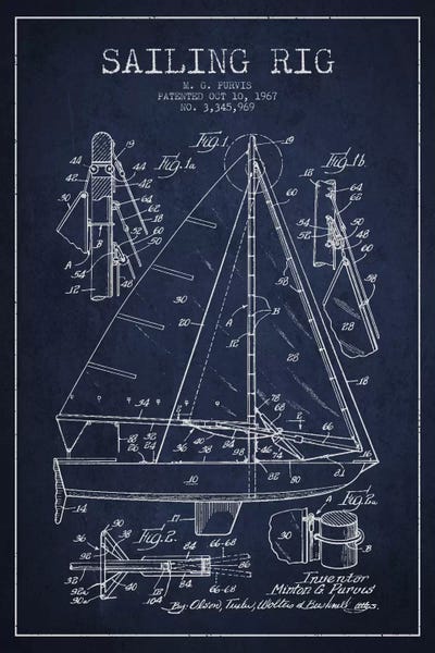 Sailboats: Sailboat V Navy Blue Patent Blueprint by Aged Pixel