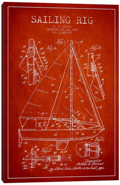 Sailboat Red Patent Blueprint Canvas Art Print - Sailboat Art