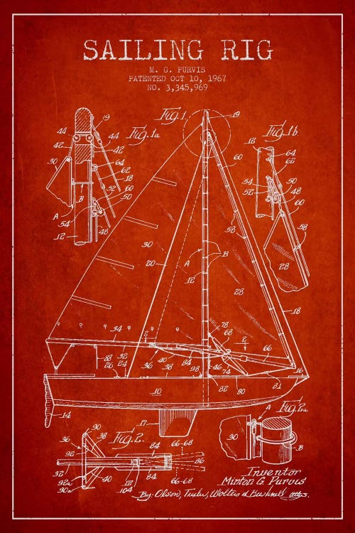 Sailboat Red Patent Blueprint by Aged Pixel wall art