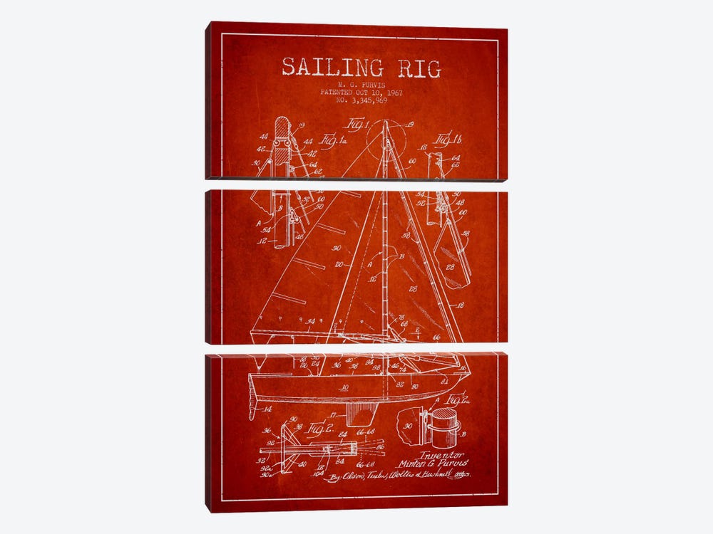 Sailboat Red Patent Blueprint by Aged Pixel 3-piece Canvas Art Print