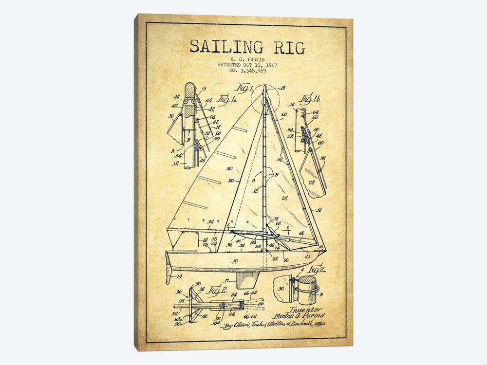 Sailboat Vintage Patent Blueprint by Aged Pixel 1-piece Canvas Wall Art