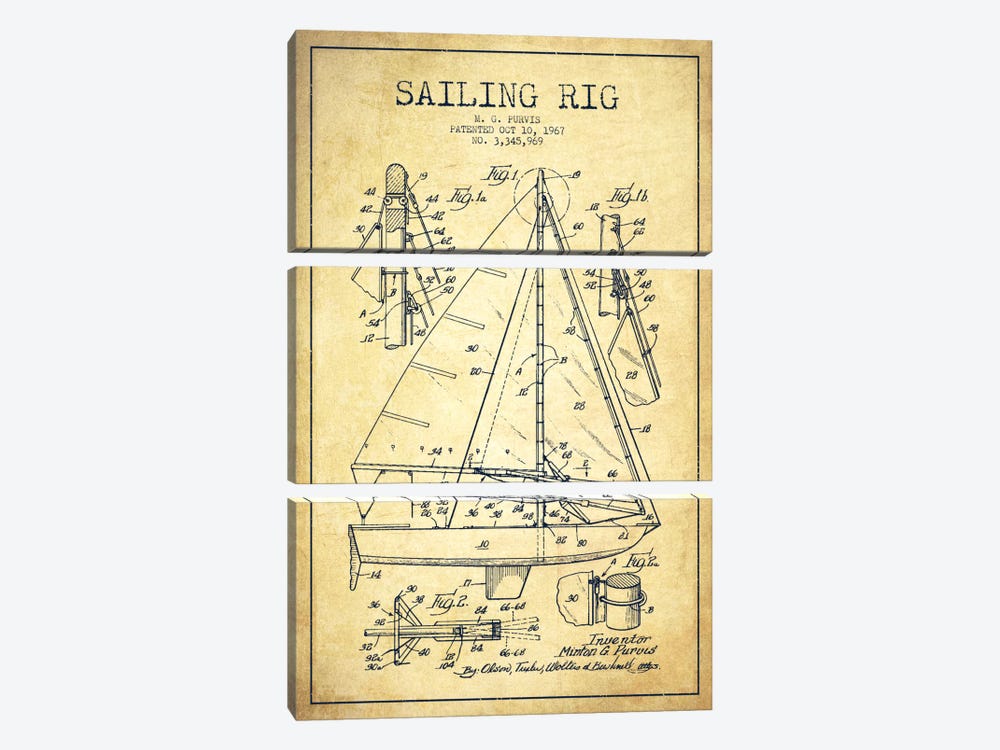 Sailboat Vintage Patent Blueprint by Aged Pixel 3-piece Canvas Artwork