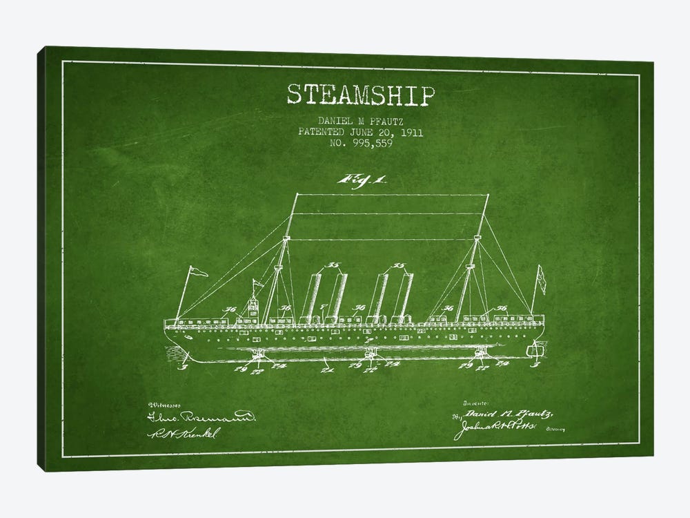 Steamship Green Patent Blueprint by Aged Pixel 1-piece Canvas Wall Art
