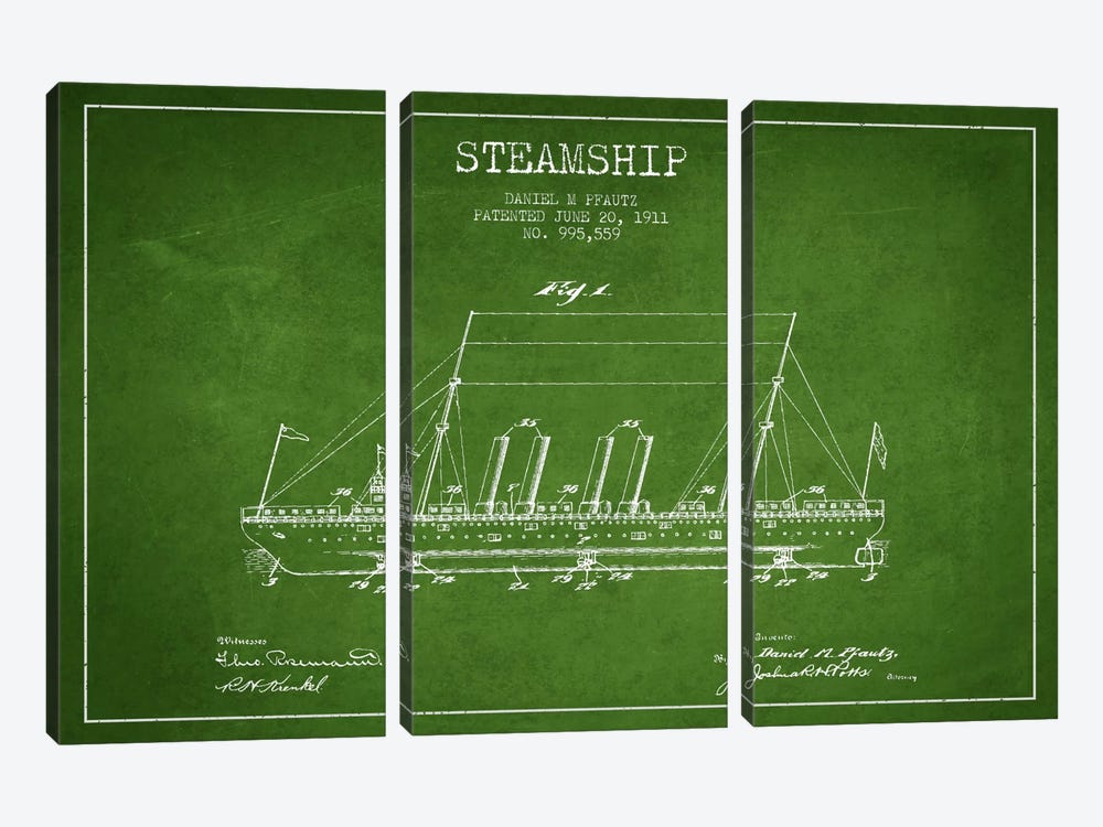 Steamship Green Patent Blueprint by Aged Pixel 3-piece Canvas Art