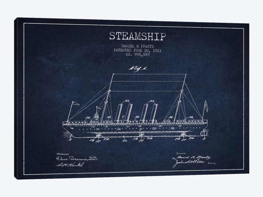 Steamship Navy Blue Patent Blueprint by Aged Pixel 1-piece Canvas Art Print
