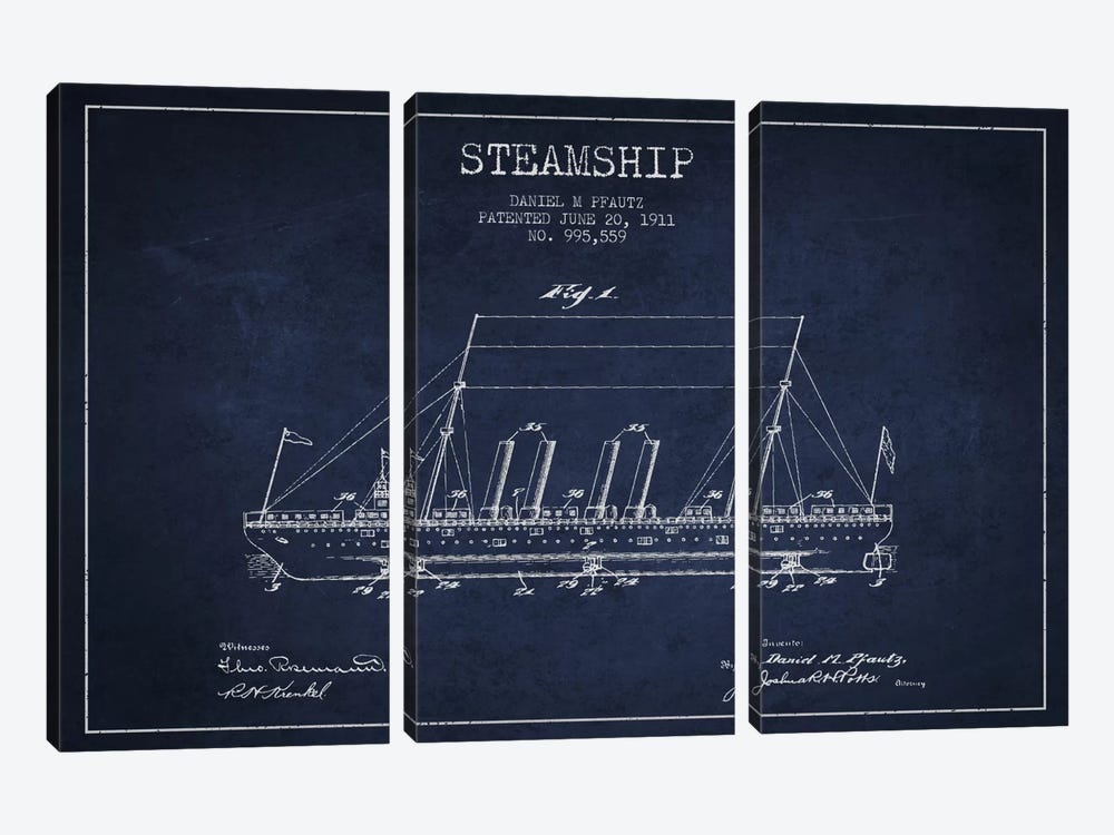 Steamship Navy Blue Patent Blueprint by Aged Pixel 3-piece Art Print