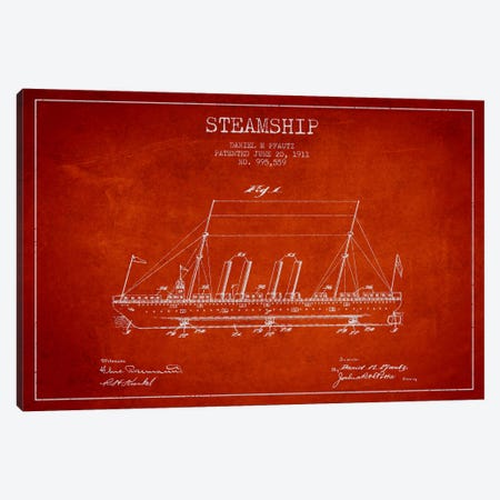 Steamship Red Patent Blueprint Canvas Print #ADP2648} by Aged Pixel Canvas Artwork
