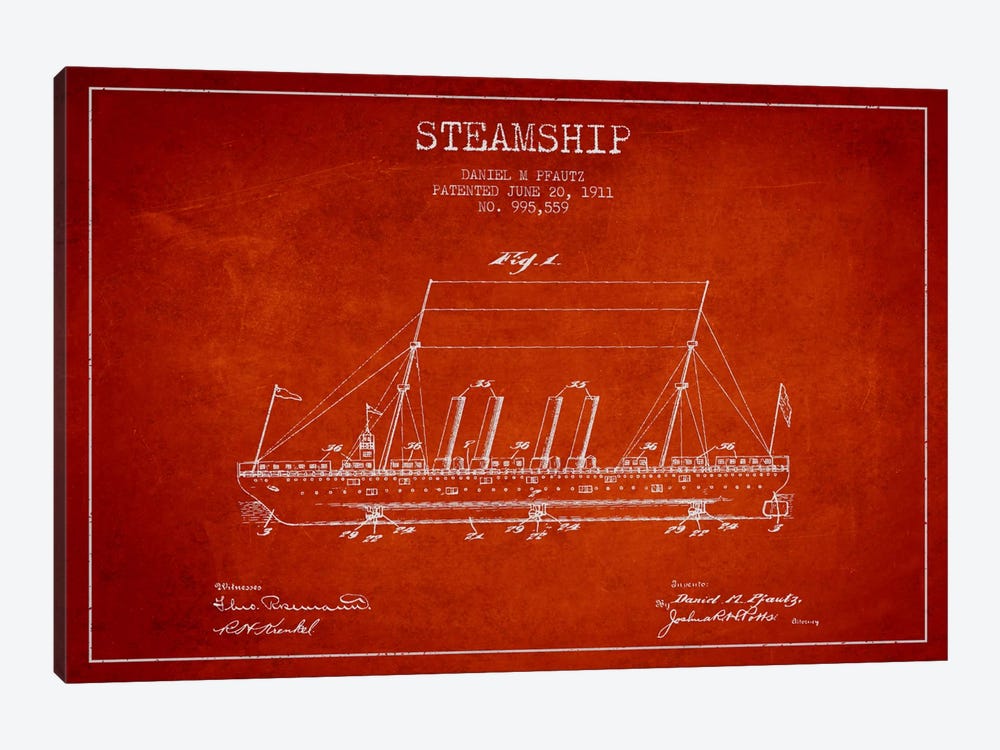 Steamship Red Patent Blueprint by Aged Pixel 1-piece Canvas Artwork