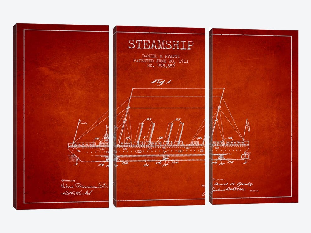 Steamship Red Patent Blueprint by Aged Pixel 3-piece Canvas Wall Art