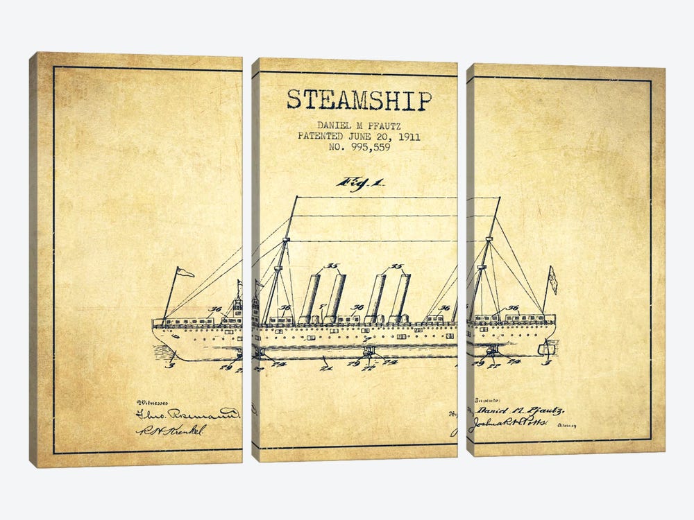 Steamship Vintage Patent Blueprint by Aged Pixel 3-piece Canvas Art Print