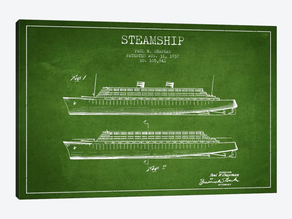 Steamship Green Patent Blueprint by Aged Pixel 1-piece Canvas Wall Art