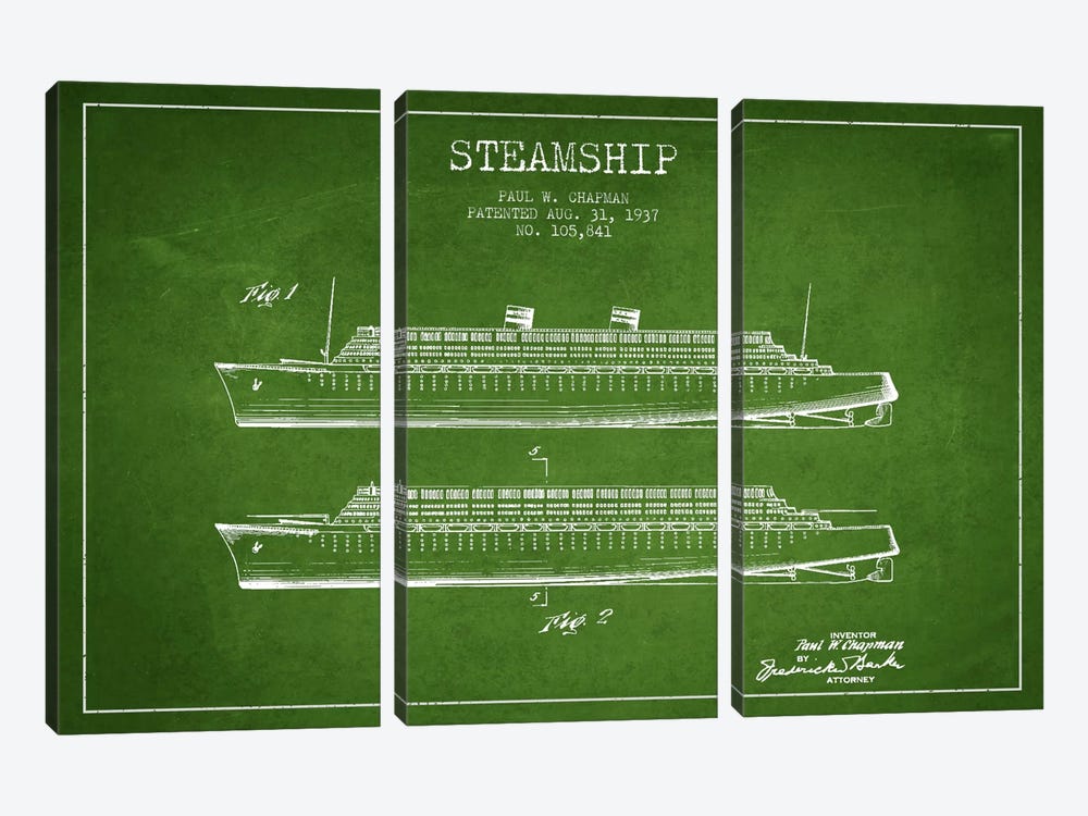 Steamship Green Patent Blueprint by Aged Pixel 3-piece Canvas Wall Art